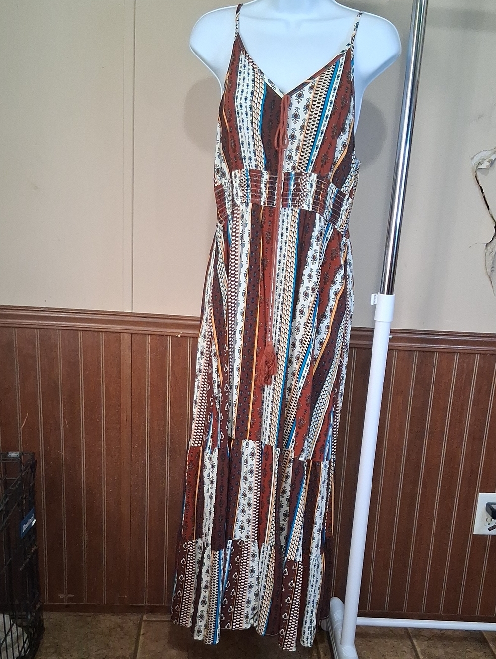 Cupshe NWOT Brown & Cream Striped Tie-Front Maxi Dress with Blue Accents